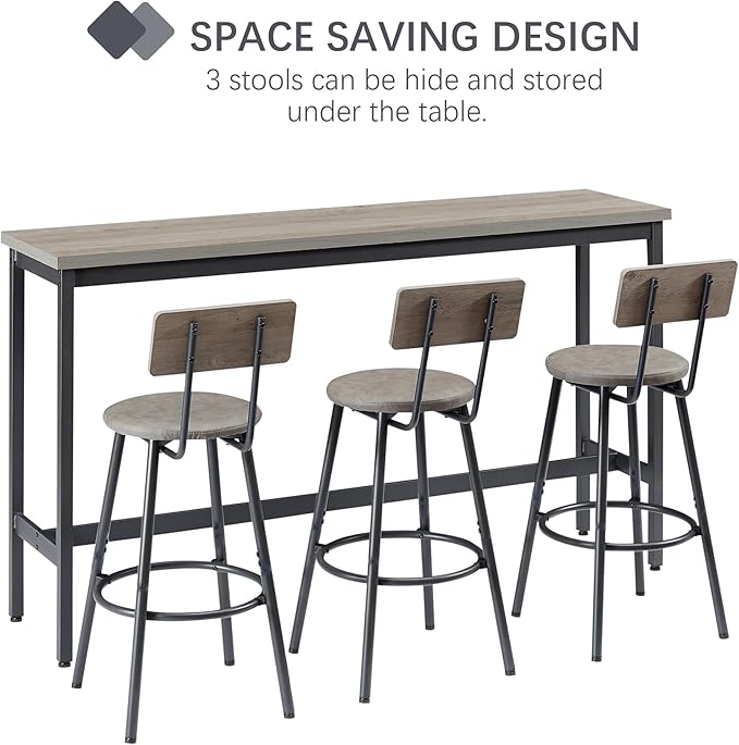 GNIXUU 4 Piece Long Bar Table and Chairs Set, Industrial Counter Height Dining Table Set with Sofa Bar Table and 3 Upholstered Stools with backrest for Breakfast Nook Living Room Small Space(Grey)