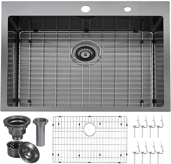 VAPSINT 28 Inch Black Drop In Kitchen Sink, 28x18 Inch Top Mount 16 Gauge Comemercial Stainless Steel Gunmetal Black Handmade Single Bowl Sink for Kitchen with Drain Strainer & Grid