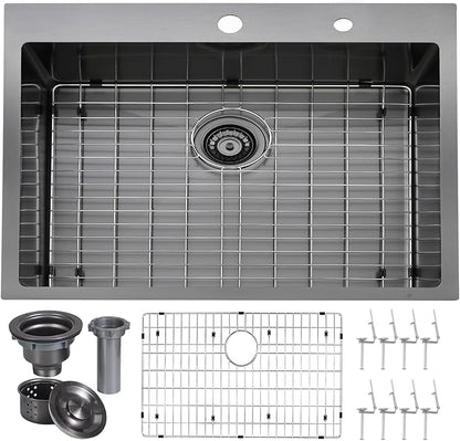 VAPSINT 28 Inch Black Drop In Kitchen Sink, 28x18 Inch Top Mount 16 Gauge Comemercial Stainless Steel Gunmetal Black Handmade Single Bowl Sink for Kitchen with Drain Strainer & Grid