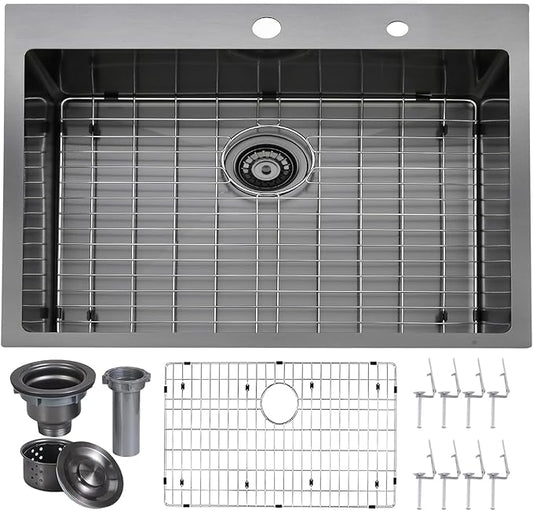 VAPSINT 28 Inch Black Drop In Kitchen Sink, 28x18 Inch Top Mount 16 Gauge Comemercial Stainless Steel Gunmetal Black Handmade Single Bowl Sink for Kitchen with Drain Strainer & Grid