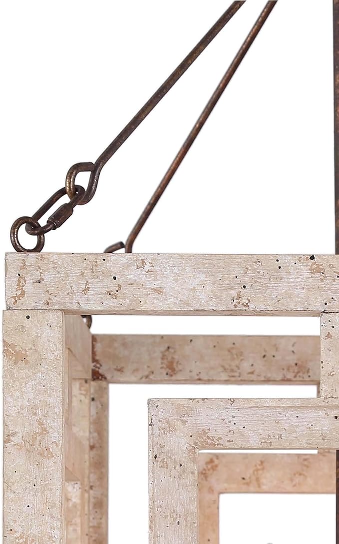 Farmhouse Chandelier, 4-Light Wood Suqure Chandeliers for Dining Romm, Living Room, Foyer and Kitchen Island, Weathered White Wood & Rustic Metal Finish