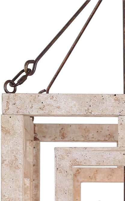 Farmhouse Chandelier, 4-Light Wood Suqure Chandeliers for Dining Romm, Living Room, Foyer and Kitchen Island, Weathered White Wood & Rustic Metal Finish