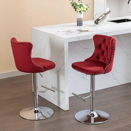 Rhomtree Velvet Swivel Bar Stools with Button Tufted Back and Pull Ring Height Adjustable Barstools 25-33 Inch for Home Pub and Kitchen Island (Burgundy with Silver Base, Set of 4)