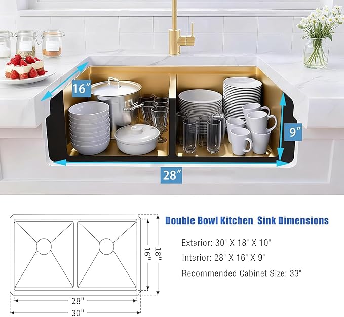 Gold Undermount Double Kitchen Sink, 16 Gauge SUS304 Stainless Steel Kitchen Sinks,50/50 Features All In One Workstation Sinks with Accessories, 30"x 18" x 10" Large and Deep Gold Double Sink