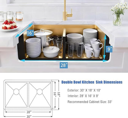 Gold Undermount Double Kitchen Sink, 16 Gauge SUS304 Stainless Steel Kitchen Sinks,50/50 Features All In One Workstation Sinks with Accessories, 30"x 18" x 10" Large and Deep Gold Double Sink