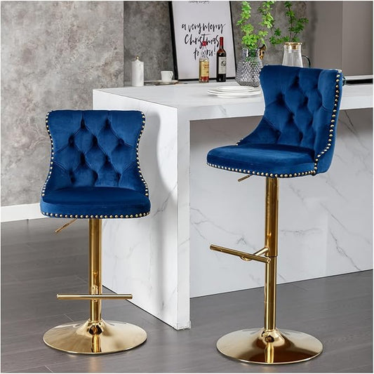 Golden Swivel Velvet Barstools Adjusatble Seat Height from 25-33 Inch,Modern Upholstered Bar Stools with Backs Comfortable Tufted for Home Pub and Kitchen Island,Blue,Set of 2,for Living Room