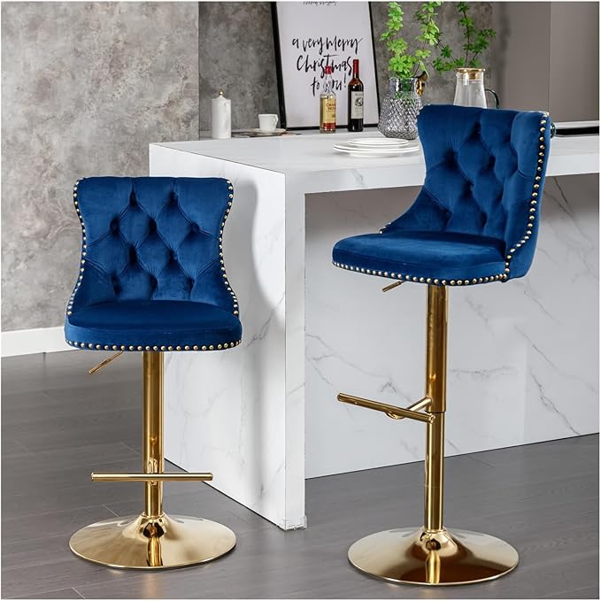 Golden Swivel Velvet Barstools Adjusatble Seat Height from 25-33 Inch,Modern Upholstered Bar Stools with Backs Comfortable Tufted for Home Pub and Kitchen Island,Blue,Set of 2