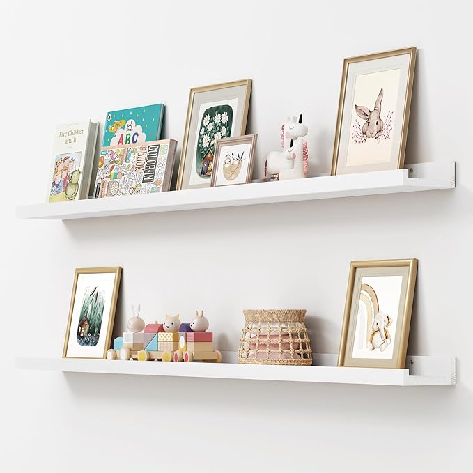 FLYJOE Picture Ledge Shelf, Floating Shelves Set of 2, Solid Ash Wood 56'' Long Large Nursery Book Shelves for Toys Storage, Kids Bookshelf for Living Room Bedroom Decor Books Photo Frames, White