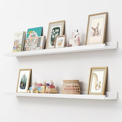 FLYJOE Picture Ledge Shelf, Floating Shelves Set of 2, Solid Ash Wood 56'' Long Large Nursery Book Shelves for Toys Storage, Kids Bookshelf for Living Room Bedroom Decor Books Photo Frames, White