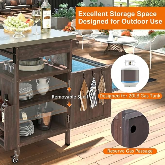 Casaphoria 40.5" Outdoor BBQ Grill Cart, tainless Steel Top Rolling Outdoor Kitchen Cart, Flip Board, Fir Wood Bar Carts with Towel Holder, Lockable Wheels for Patio Lawn Garden,Brown