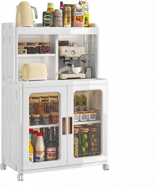 VECELO Foldable Plastic Sideboard Cabinet with Adjustable Shelves, Waterproof Buffet Cabinet with Doors for Kitchen, Dining Room & Small Spaces, White