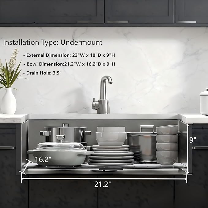 23x18 Undermount Kitchen Sink, S304 Stainless Steel Kitchen Sinks Handmade Modern Single Bowl Deep Sink with Bottom Grid Protector, Roll-up Drying Unit & Drain Assembly