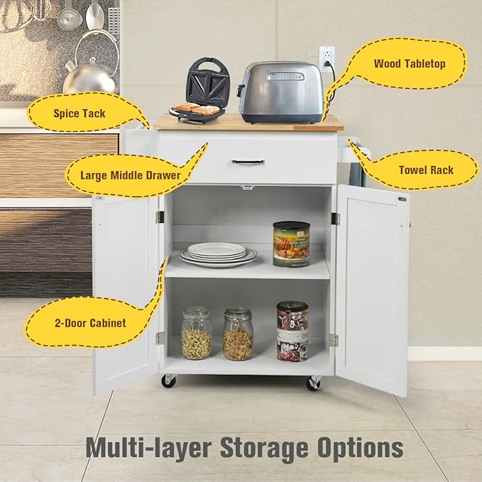Harmony-Furniture Small Kitchen Island Cart, Narrow Butcher Block Kitchen Utility Cart w/Spice & Towel Rack, Rolling Kitchen Island with Storage Cabinets & Drawer for Dining Room (White)