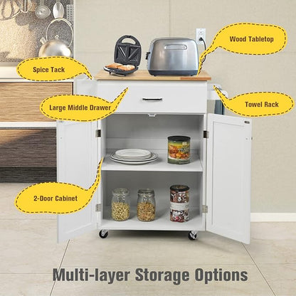 Harmony-Furniture Small Kitchen Island Cart, Narrow Butcher Block Kitchen Utility Cart w/Spice & Towel Rack, Rolling Kitchen Island with Storage Cabinets & Drawer for Dining Room (White)