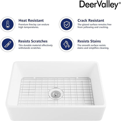 DeerValley Farmhouse Kitchen Sink 33 Inch, Fireclay White Undermount Kitchen Sink, Ceramic Apron-Front Deep Single Bowl with Stainless Steel Grid & Drain