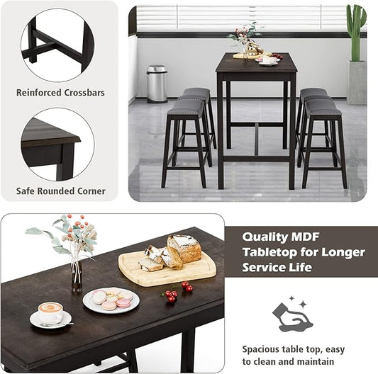 Giantex Dining Table Set for 4, Kitchen Counter Height Table w/ 4 Stools, 5 Piece Bistro Table Set, Rubber Wood Pub Dinette Set w/Upholstered Stools, Space-Saving Table Set for Small Spaces (Black)