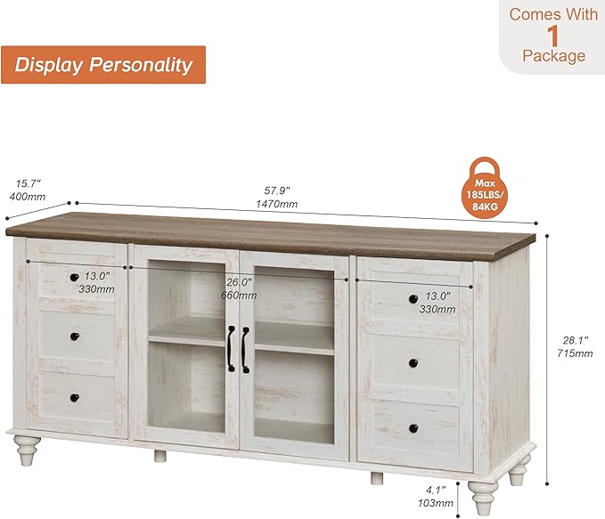 WAMPAT Sideboard Buffet Cabinets with Glass Door, Kitchen Storage Cabinets, Wood Coffee Bar Tables, Accent Sideboard Storage Cabinet for Dining Room, Living Room, Rustic White