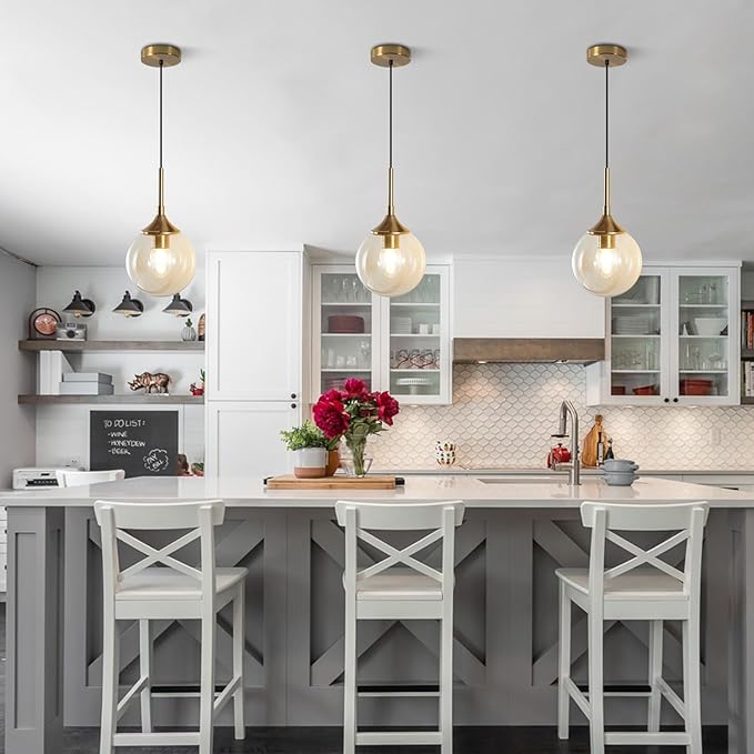 KCO Lighting Mid Century Modern Kitchen Island Pendant Lighting Gold 1-Light Amber Glass Globe Pendant Light Brushed Brass Large Living Room Pendant Light Fixture (2 Pack)