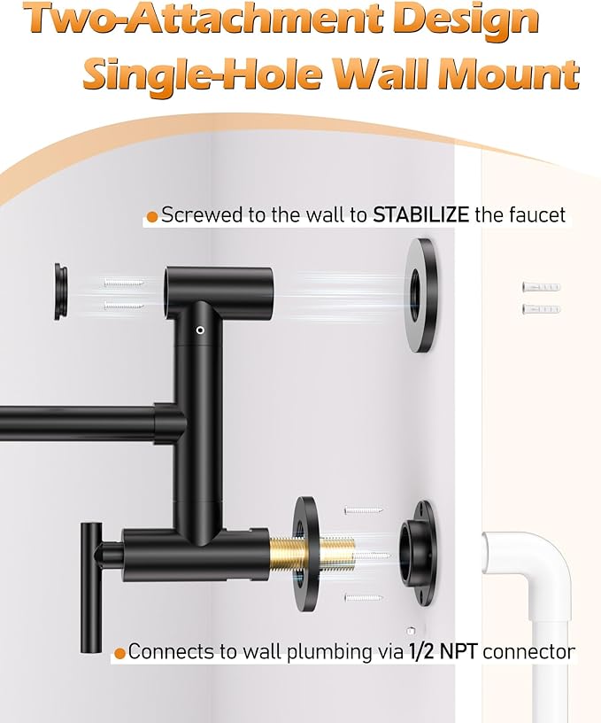 WOWOW Pot Filler Faucet Black: Single Hole Wall Mount Stove Faucet, Brass Pot Filler Two Attachment with Double Joint Swing Arms