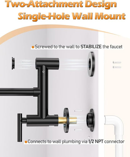WOWOW Pot Filler Faucet Black: Single Hole Wall Mount Stove Faucet, Brass Pot Filler Two Attachment with Double Joint Swing Arms
