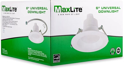 Maxlite RCF6T10WCS Universal Downlight 6 Inch LED Recessed Light - White, Canless, 2700K, 3000K, 3500K, 4000K, 5000K CCT Selectable, 120-277V, Dimmable to 10%, Wet Location Suitable, 107 Degree Angle
