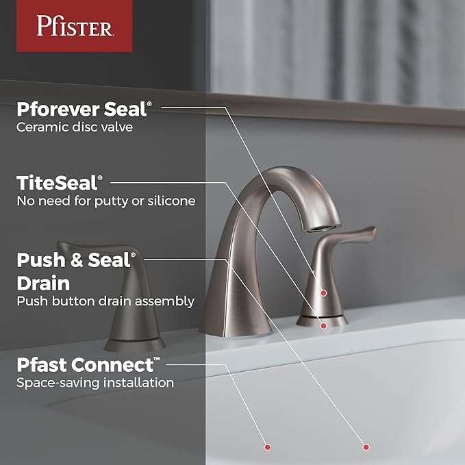 Pfister Willa Bathroom Sink Faucet 8 in Widespread 3 Hole 2 Handle Vanity Faucet with Push & Seal Drain NSF Certified Spot Defense Brushed Nickel Finish LF049MALGS
