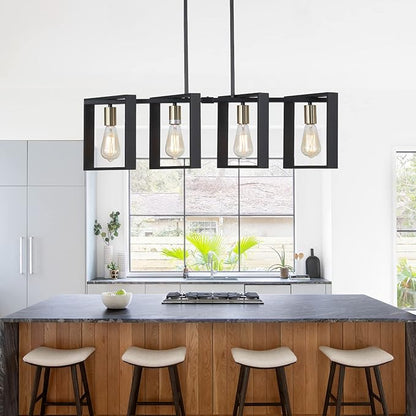 9MMML 4 Lights Wood Chandelier,Industrial Rectangle Linear Dining Room Pendant Light, Black Wood Frame+Gold E26 Socket,Kitchen Island Light for Hallway Bar Pool Table, Height Adjustable