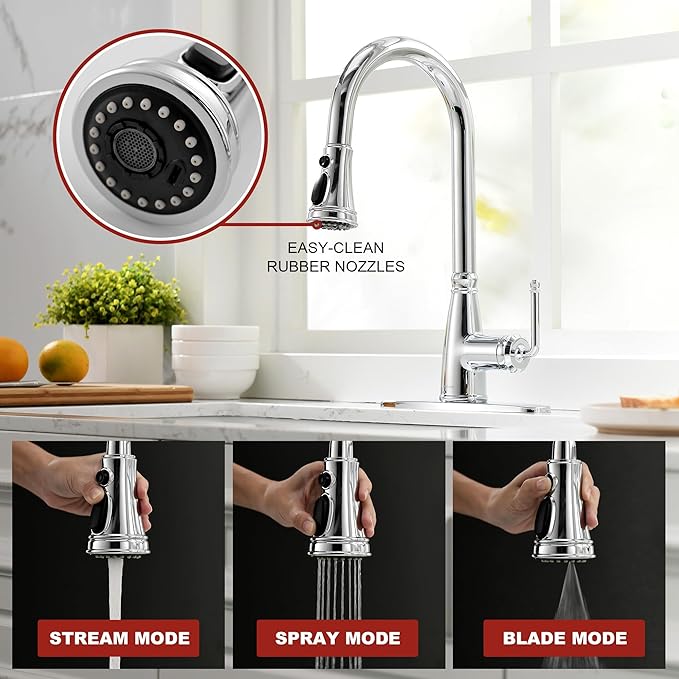 Kitchen Faucet with Pull Down Sprayer, 17 inch Polished Chrome Antique Single Handle Pull Out Kitchen Sink Faucet with Deck Plate for Classic Modern Ktichen