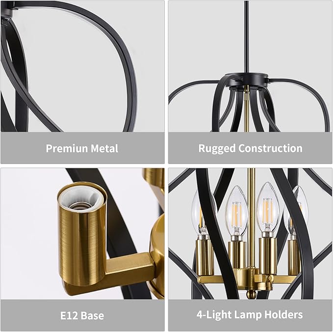 Black and Gold Chandelier Light Fixture, 18" Modern Farmhouse Industrial Chandelier, 4-Light Sphere Geometric Hanging Pendant Light Fixture for Dining Room Entryway Hallway Living Room Kitchen Island
