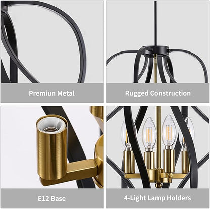 Black and Gold Chandelier Light Fixture, 18" Modern Farmhouse Industrial Chandelier, 4-Light Sphere Geometric Hanging Pendant Light Fixture for Dining Room Entryway Hallway Living Room Kitchen Island