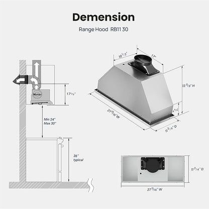 VIKIO HOME Range Hood Insert 30 Inch - Built-in 900 CFM Ducted/Ductless Range Hood with 3 Speed Fan, White Stainless Steel & Tempered Glass with Gesture Sensing &Touch Control for Over Kitchen Stove