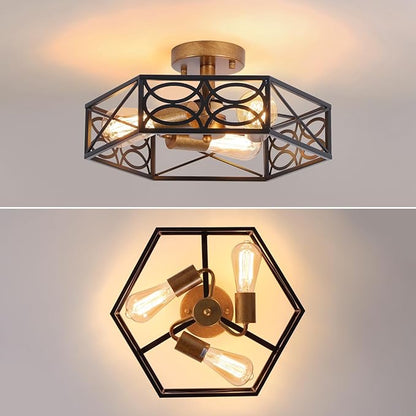Industrial Semi Flush Mount Ceiling Light Fixture, Retro Gold Close to Ceiling Light with Black Metal Hexagon Cage, Vintage Farmhouse 3-Light Ceiling Lamp for Kitchen, Hallway, Bathroom
