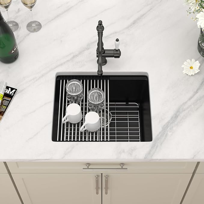 Dcolora 21 In. Black Granite Composite Small Kitchen Sink, Single Bowl Workstation Undermount Prep Sink, Quartz Bar Sink, 21"x18"x9.65" #DC-GBUS25472