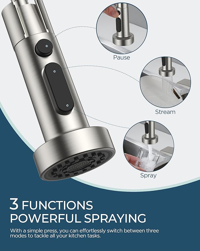 FORIOUS Kitchen Faucet with Soap Dispenser, Stainless Steel Kitchen Sink Faucet with Pull Down Sprayer Burhsed Nickel Single Handle Modern Spring Commercial for Laundry Room RV Camp Bar Farmhouse