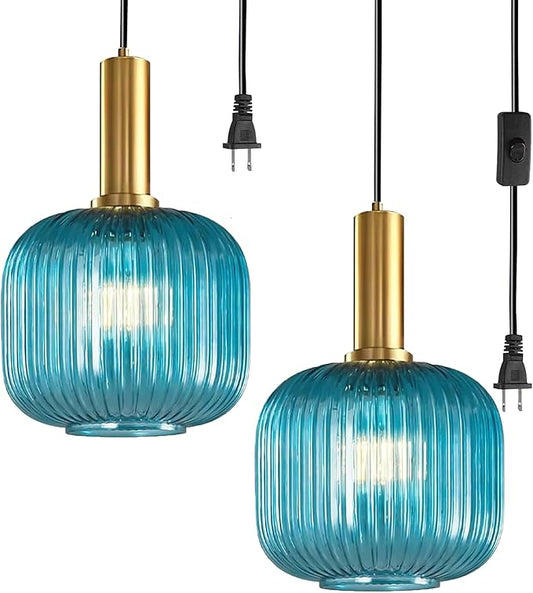 2 Pack Plug in Pendant Light, Blue Ribbed Glass Hanging Light Fixture with 14.76Ft Cord and On/Off Switch, Coastal Hanging Lamp Plug in for Kitchen Dining Room Bedroom Beach House