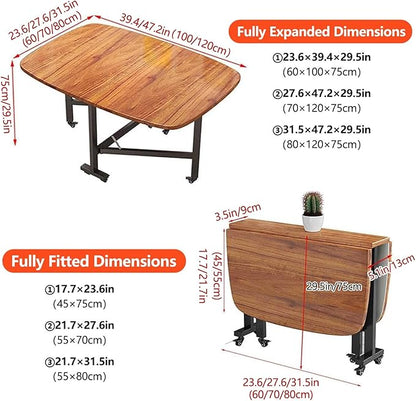47.2×27.6in/31.5in Wooden Foldable Kitchen Table, Dual Drop Leaf Dinette Table for 4-8 People, Extendable Folding Kitchen Table for Small Spaces, Dining Room, Dinner, Dinette, Living Room, Apartment(4