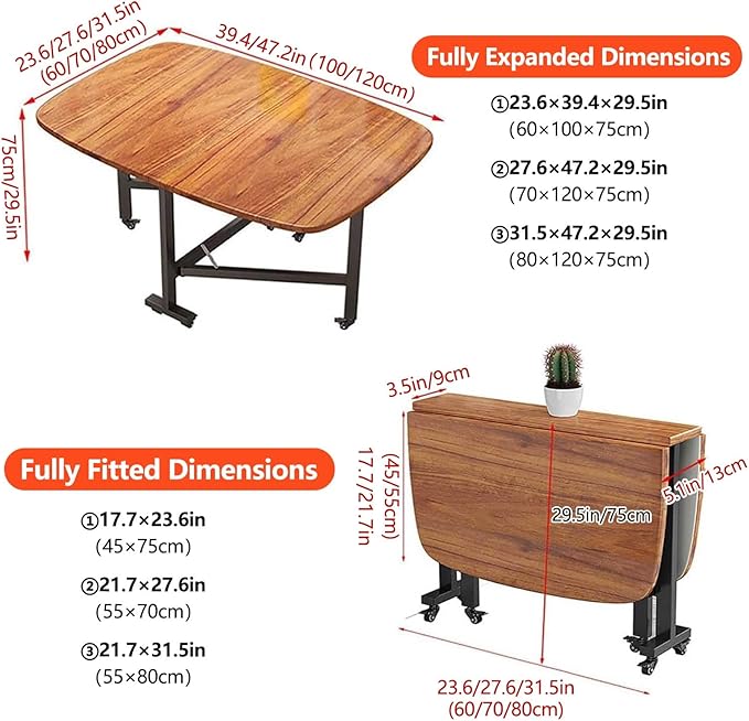 47.2×27.6in/31.5in Wooden Foldable Kitchen Table, Dual Drop Leaf Dinette Table for 4-8 People, Extendable Folding Kitchen Table for Small Spaces, Dining Room, Dinner, Dinette, Living Room, Apartment(3
