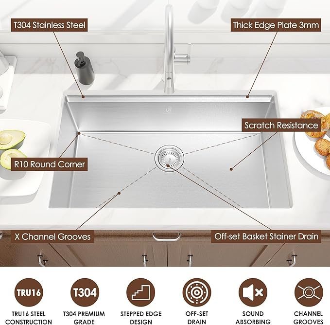 32x19 Inch Undermount Kitchen Sink Luxury Nano-coating Single Bowl Black Kitchen Sinks 16 Gauge Stainless Steel Soundproof Kitchen Workstation with 6 Accessories (Brushed Nickel)
