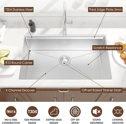 32x19 Inch Undermount Kitchen Sink Luxury Nano-coating Single Bowl Black Kitchen Sinks 16 Gauge Stainless Steel Soundproof Kitchen Workstation with 6 Accessories (Brushed Nickel)