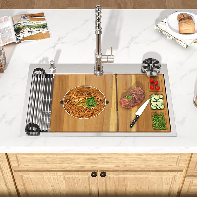 36x22 Inch Drop In Kitchen Sink - Workstation 16 Gauge 304 Stainless Steel Single Bowl Large Three-Holes Sink with Cup Washer, Mixing Bowl, Cutting Board, and Pasta Strainer #TLT-0045