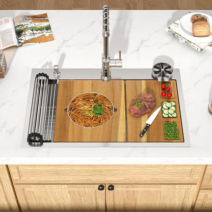 36x22 Inch Drop In Kitchen Sink - Workstation 16 Gauge 304 Stainless Steel Single Bowl Large Three-Holes Sink with Cup Washer, Mixing Bowl, Cutting Board, and Pasta Strainer #TLT-0045