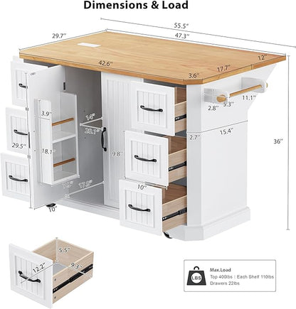 Merax Farmhouse 56 Inch Kitchen Island on Wheels with Drop Leaf Table & Power Outlet, Rubber Wood Kitchen Rolling Cart with Towel Rack, 6 Drawers & Cabinet, White