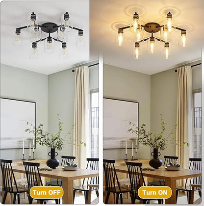 9 Light Kitchen Lighting Fixtures Ceiling Black Semi Flush Mount Ceiling Light Fixture Large Living Room Lighting Cieling Lamps for Dining Room Living Room Light Fixture with Clear Glass Shades