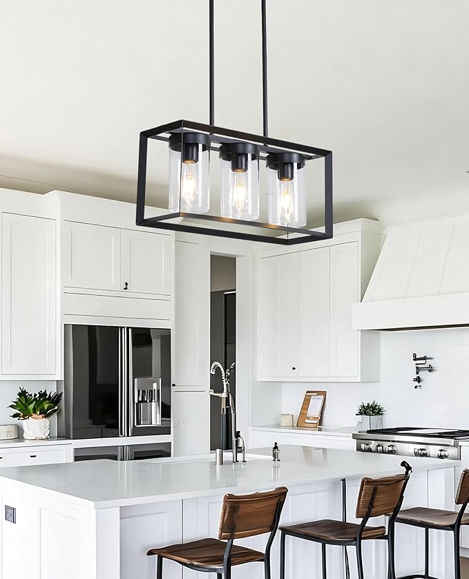 Black Rectangle Farmhouse Chandeliers, 3-Light Modern Linear Dining Room Light Fixture with Clear Glass Shades, Kitchen Island Lighting Fixtures Over Table Ceiling Hanging Pendant Lights