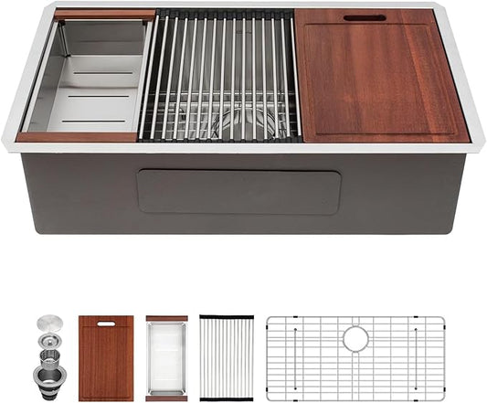 Sarlai 28 Kitchen Sink Undermount - 28 x 18 Inch Stainless Steel Kitchen Sink Undermount Ledge Workstation Deep Single Bowl 16 Gauge R10 Tight Radius Stainless Steel Sinks Basin