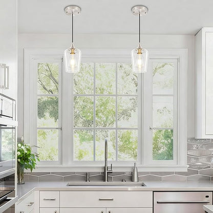 3 Pack Brushed Nickel Pendant Lights Kitchen Island, Modern Glass Pendant Lighting Over Island, Kitchen Hanging Light Fixtures Over Sink Adjustable Mini Pendant Lights for Bathroom Dining Room Hallway