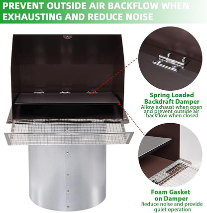 10 Inch Hooded Wall Vent with Screen and Damper, Outdoor Wall Exhaust Vent Cover Cap for Kitchen Range Hood Dryer Exterior Ventilation and Outside Air Exhaust, Galvanized Steel, Brown