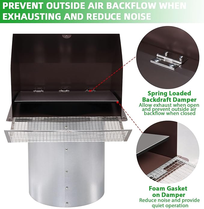 8 Inch Hooded Wall Vent with Screen and Damper,Outdoor Wall Exhaust Vent Cover Wall Cap for Exterior Kitchen Range Hood Ventilation Dryer HVAC Duct Air Exhaust, Galvanized Steel, Brown