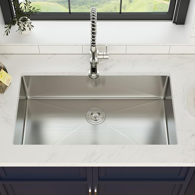 33 Inch Undermount Kitchen Sink 16 Gague Stainless Steel Single Bowl Handmade Kitchen Sinks Large Deep Under Counter Basin 33"x19"x9"