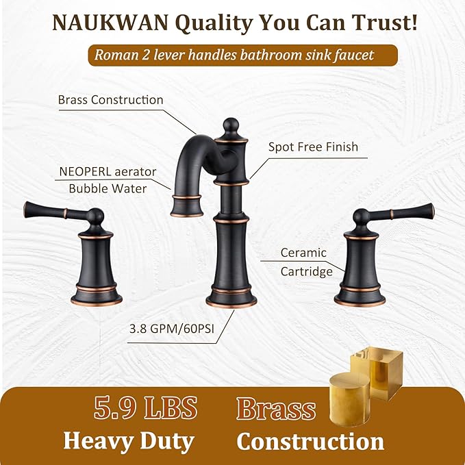Bathroom Sink Faucet, Roman Stlye Rotated Spout Vanity Basin Faucets 3 Hole 2 Handle 8 inch Widespread Deck Mount Brass Faucet for Sink with Overflow Pop Up Drain Oil Rubbed Bronze NL2204-ORB